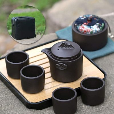 Juego de Té Yixing Viaje, en Negro o Marrón: tetera, chaguan, bandeja de té, 4 tazas de té y  bolsa