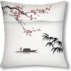 Funda Cojín Paisaje Chino Barca de Bambú