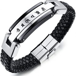 Pulsera de Hombre de Cuero y Acero Inoxidable con Caracteres Chinos