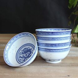 Cuencos Chinos de Arroz Porcelana Azul y Blanca - 5 Unidades