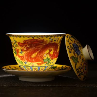 Gaiwan de Porcelana China Amarillo Diseño de Dragón