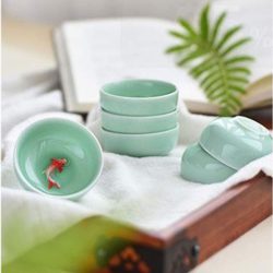 Juego de 6 Tazas de Té con Diseño de Pez de Porcelana Verde