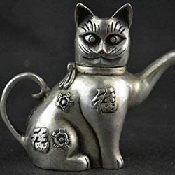 Tetera China coleccionable Gato de la Suerte Tibetano Antiguo talla de Plata